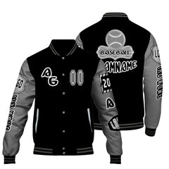Maßgeschneiderte Schwarz Grau Letterman Varsity Jacket Individuelle Stickerei Druck nach Ihrem Wunsch