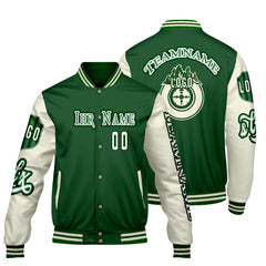Maßgeschneiderte Grün Weiß Letterman Varsity Jacket Individuelle Stickerei Druck nach Ihrem Wunsch