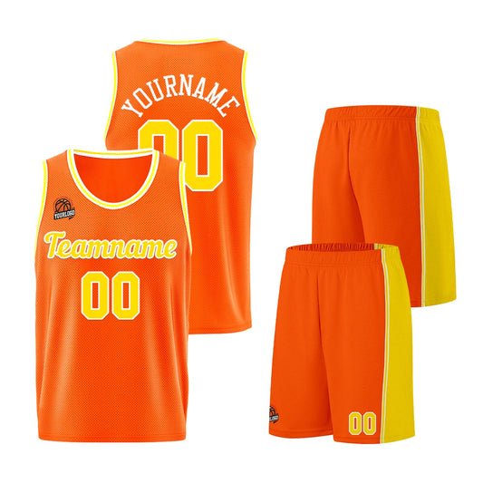 Individuelle Orange-Gelb Basketball Jersey Shorts für Männer und Frauen Gestickter und gedruckter Name, Nummer und Logo