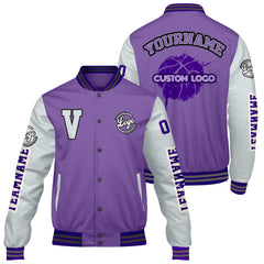 Maßgeschneiderte Lila Grau Letterman Varsity Jacket Individuelle Stickerei Druck nach Ihrem Wunsch