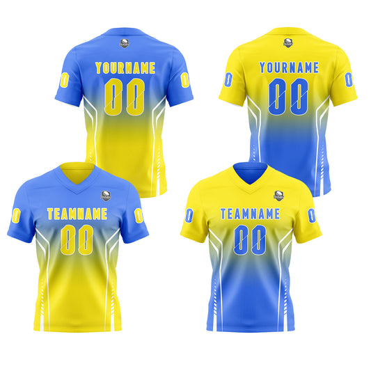 Benutzerdefinierte Blau Gelb Reversibel Fußball Trikot Personalisierte Gradient Fußball Shirts für Männer gedruckt Team Name Nummer Logo