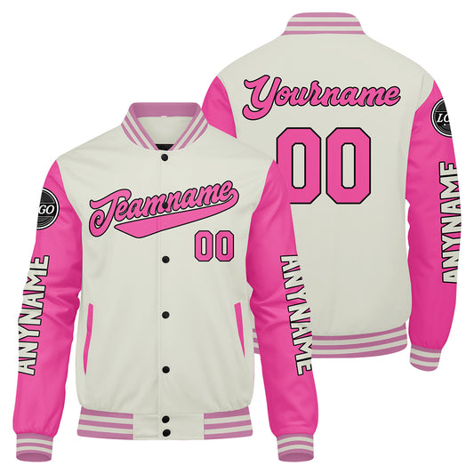 Maßgeschneiderte Creme Rosa Letterman Varsity Jacket Individuelle Stickerei Druck nach Ihrem Wunsch