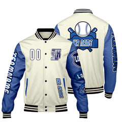 Maßgeschneiderte Weiß Blau Letterman Varsity Jacket Individuelle Stickerei  Druck nach Ihrem Wunsch