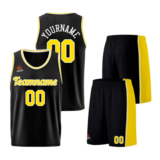 Individuelle Schwarz Gelb Basketball Jersey Shorts für Männer und Frauen Gestickter und gedruckter Name, Nummer und Logo