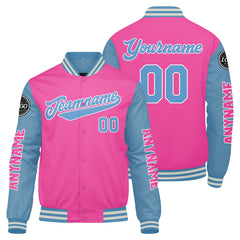 Maßgeschneiderte Rosa Hellblau Letterman Varsity Jacket Individuelle Stickerei Druck nach Ihrem Wunsch