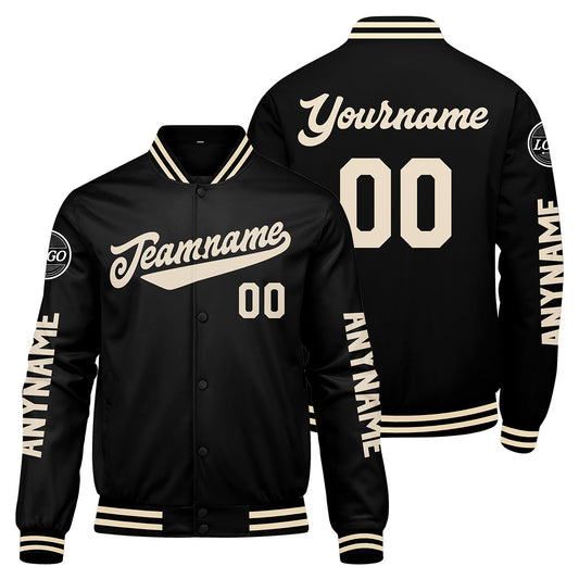 Maßgeschneiderte Schwarz Creme Letterman Varsity Jacket Individuelle Stickerei Druck nach Ihrem Wunsch