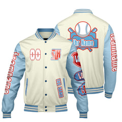 Maßgeschneiderte Weiß Blau Letterman Varsity Jacket Individuelle Stickerei  Druck nach Ihrem Wunsch
