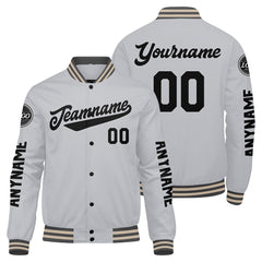 Maßgeschneiderte Grau Schwarz Letterman Varsity Jacket Individuelle Stickerei Druck nach Ihrem Wunsch
