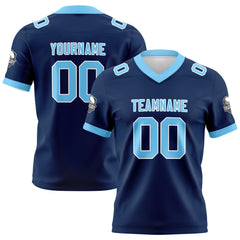 Benutzerdefinierte Marine Blau Fußball Trikots Personalisierter Name Nummer Logo