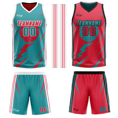 Benutzerdefinierte Cyan Rot Reversible Basketball Jersey Personalisierte Drucken Name Nummer Logo