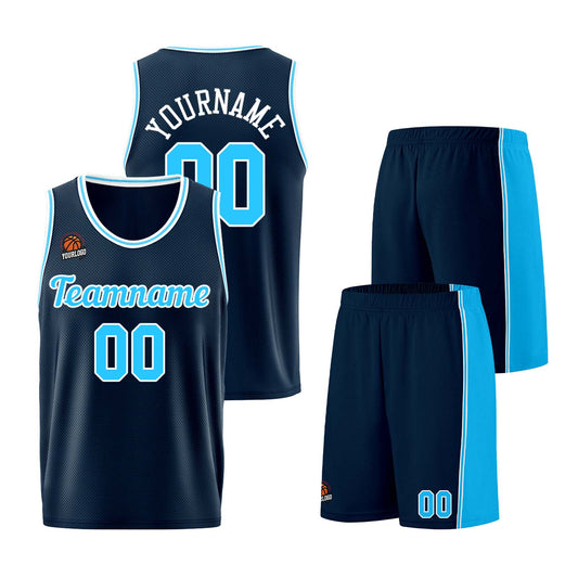 Individuelle Dunkelblau-Hellblau Basketball Jersey Shorts für Männer und Frauen Gestickter und gedruckter Name, Nummer und Logo