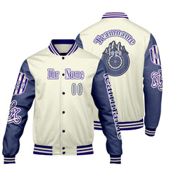 Maßgeschneiderte Weiß Lila Letterman Varsity Jacket Individuelle Stickerei Druck nach Ihrem Wunsch
