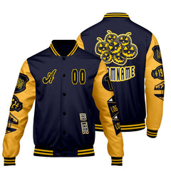 Maßgeschneiderte Marine Gelb Letterman Varsity Jacket Individuelle Stickerei Druck nach Ihrem Wunsch
