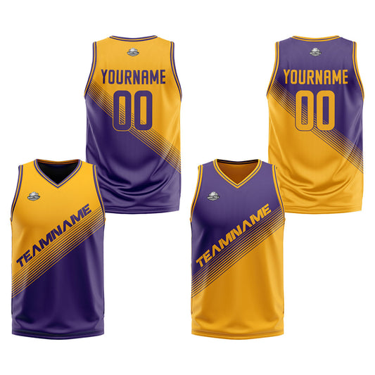 Benutzerdefinierte Gelb Lila Reversible Basketball Jersey Personalisierte Print Name Nummer Logo