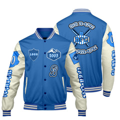 Maßgeschneiderte Blau Weiß Letterman Varsity Jacket Individuelle Stickerei Druck nach Ihrem Wunsch