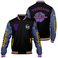 Maßgeschneiderte Schwarzes Lila Letterman Varsity Jacket Individuelle Stickerei Druck nach Ihrem Wunsch