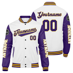Maßgeschneiderte Lila Weiß Gelb Letterman Varsity Jacket Individuelle Stickerei Druck nach Ihrem Wunsch