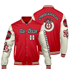 Maßgeschneiderte Rot Weiß Letterman Varsity Jacket Individuelle Stickerei Druck nach Ihrem Wunsch