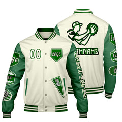 Maßgeschneiderte Weiß Grün Letterman Varsity Jacket Individuelle Stickerei Druck nach Ihrem Wunsch