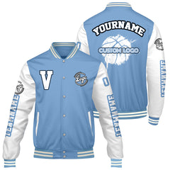 Maßgeschneiderte Bleischblau Weiß Letterman Varsity Jacket Individuelle Stickerei Druck nach Ihrem Wunsch
