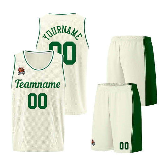 Individuelle Creme-Grün Basketball Jersey Shorts für Männer und Frauen Gestickter und gedruckter Name, Nummer und Logo