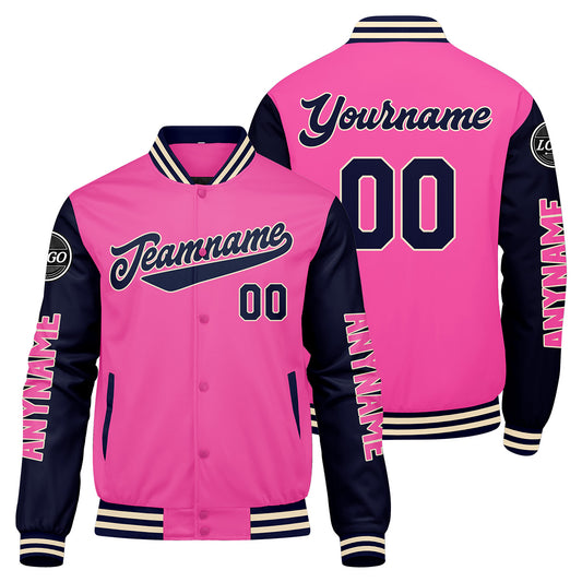Maßgeschneiderte Rosa Marine Letterman Varsity Jacket Individuelle Stickerei Druck nach Ihrem Wunsch