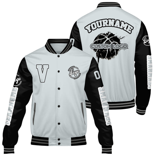 Maßgeschneiderte Grau Schwarz Letterman Varsity Jacket Individuelle Stickerei Druck nach Ihrem Wunsch