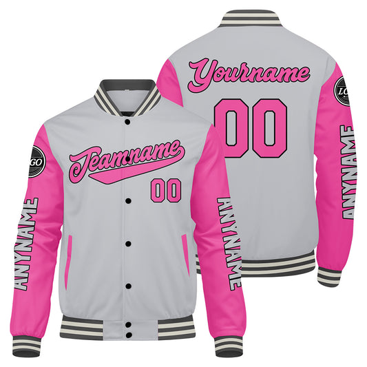 Maßgeschneiderte Grau Rosa Letterman Varsity Jacket Individuelle Stickerei Druck nach Ihrem Wunsch