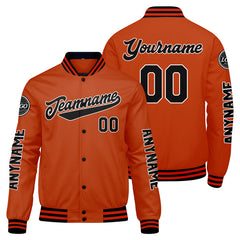 Maßgeschneiderte Schwarz Orange Letterman Varsity Jacket Individuelle Stickerei Druck nach Ihrem Wunsch