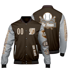 Maßgeschneiderte Braun Grau Letterman Varsity Jacket Individuelle Stickerei Druck nach Ihrem Wunsch
