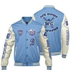 Maßgeschneiderte Blau Weiß Letterman Varsity Jacket Individuelle Stickerei Druck nach Ihrem Wunsch