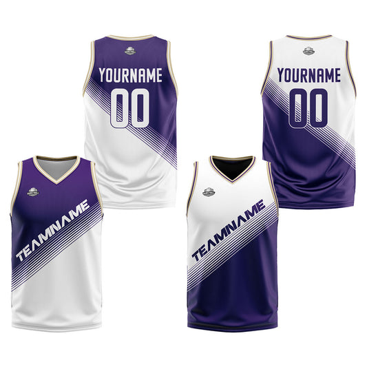 Benutzerdefinierte Lila Weiß Reversible Basketball Jersey Personalisierte Print Name Nummer Logo