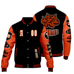 Maßgeschneiderte Schwarz Hellorange Letterman Varsity Jacket Individuelle Stickerei Druck nach Ihrem Wunsch