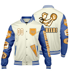 Maßgeschneiderte Weiß Hellblau Letterman Varsity Jacket Individuelle Stickerei Druck nach Ihrem Wunsch