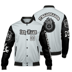 Maßgeschneiderte Grau Schwarz Letterman Varsity Jacket Individuelle Stickerei Druck nach Ihrem Wunsch