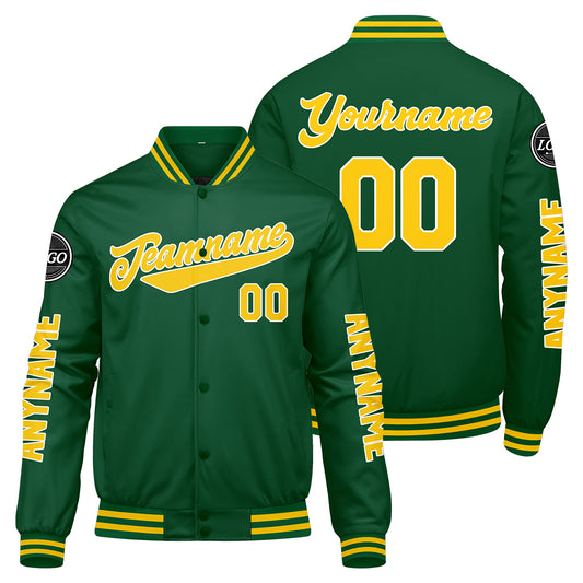Maßgeschneiderte Grün Gelb Letterman Varsity Jacket Individuelle Stickerei Druck nach Ihrem Wunsch