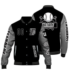 Maßgeschneiderte Schwarz Grau Letterman Varsity Jacket Individuelle Stickerei  Druck nach Ihrem Wunsch