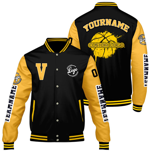 Maßgeschneiderte Schwarzes Gelb Letterman Varsity Jacket Individuelle Stickerei Druck nach Ihrem Wunsch