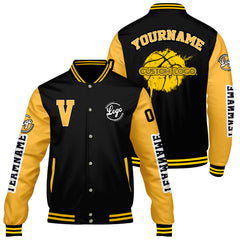 Maßgeschneiderte Schwarzes Gelb Letterman Varsity Jacket Individuelle Stickerei Druck nach Ihrem Wunsch