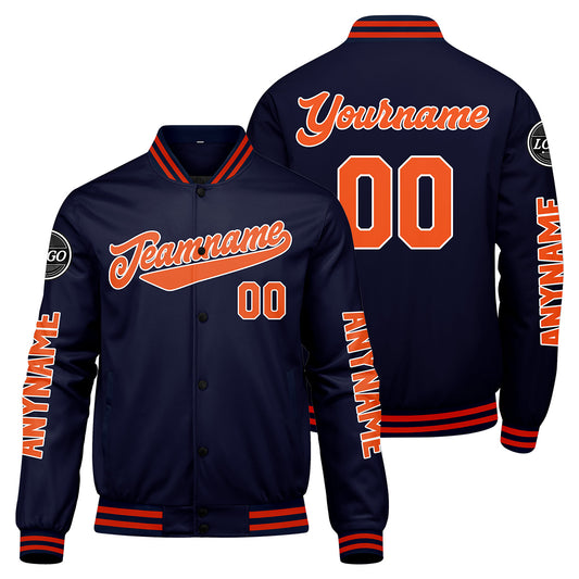 Maßgeschneiderte Marine Orange Letterman Varsity Jacket Individuelle Stickerei Druck nach Ihrem Wunsch