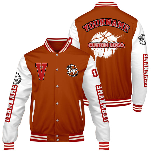 Maßgeschneiderte Orange Weiß Letterman Varsity Jacket Individuelle Stickerei Druck nach Ihrem Wunsch