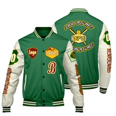 Maßgeschneiderte Grün Weiß Letterman Varsity Jacket Individuelle Stickerei Druck nach Ihrem Wunsch