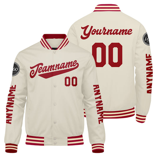 Maßgeschneiderte Rot Creme Letterman Varsity Jacket Individuelle Stickerei Druck nach Ihrem Wunsch