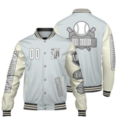 Maßgeschneiderte Grau Weiß Letterman Varsity Jacket Individuelle Stickerei Druck nach Ihrem Wunsch