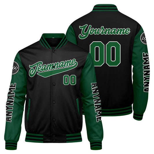 Maßgeschneiderte Grün Schwarz Letterman Varsity Jacket Individuelle Stickerei Druck nach Ihrem Wunsch