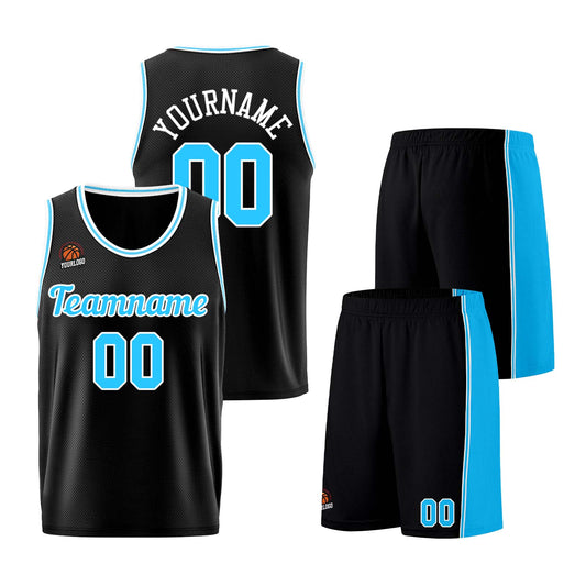 Individuelle Schwarz Hellblau Basketball Jersey Shorts für Männer und Frauen Gestickter und gedruckter Name, Nummer und Logo