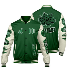 Maßgeschneiderte Grün Weiß Letterman Varsity Jacket Individuelle Stickerei Druck nach Ihrem Wunsch