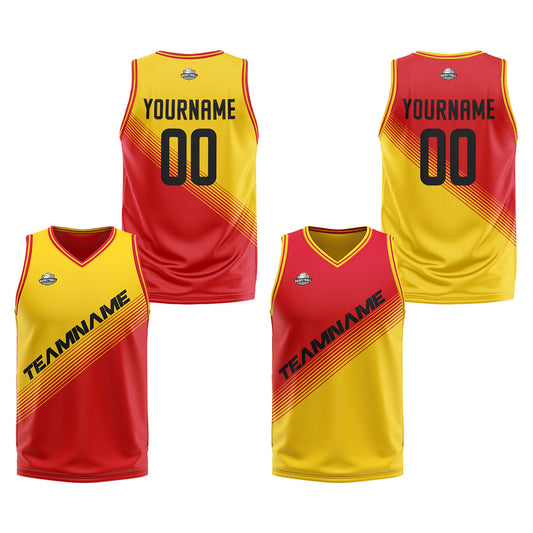 Benutzerdefinierte Gelb Rot Reversible Basketball Jersey Personalisierte Print Name Nummer Logo