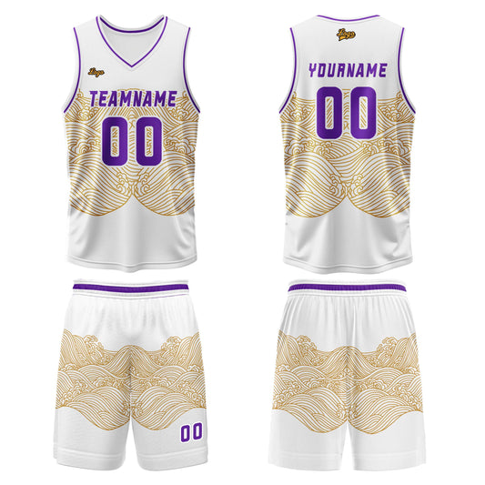 Benutzerdefinierter Gelb Violett Basketball Jersey Uniform Anzug gedruckt Ihr Logo Name Nummer