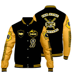 Maßgeschneiderte Schwarz Gelb Letterman Varsity Jacket Individuelle Stickerei Druck nach Ihrem Wunsch